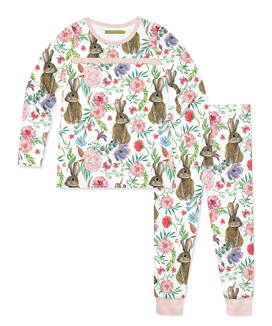Millie Loves Lily Girls' Sleep Bottoms Bunny - White & Pink Bunny Floral Long-Sleeve Pajama Set - To | Zulily