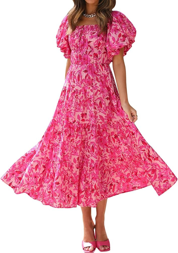 ZESICA Women's 2024 Sexy Boho Off Shoulder Puff Short Sleeve High Waist Ruffled Flowy A Line Beac... | Amazon (US)