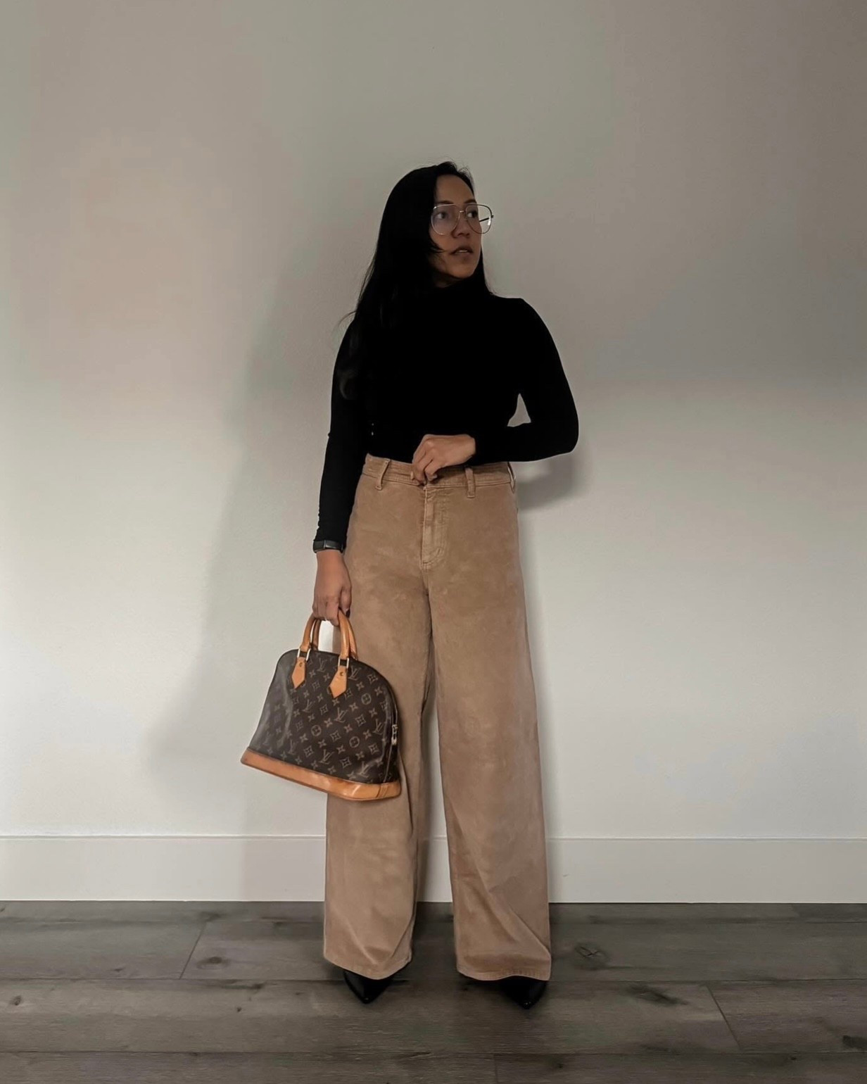 turtleneck sweater // wide leg corduroy pants // black boots // long coat // gold rimmed eyeglasses // vintage louis vuitton bag // classic style 

#LTKPetite #LTKSaleAlert #LTKSpringSale