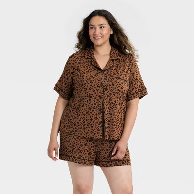 Women's Cloud Knit Leopard Print Short Sleeve Notch Collar Shirt and Shorts Pajama Set - Auden™... | Target