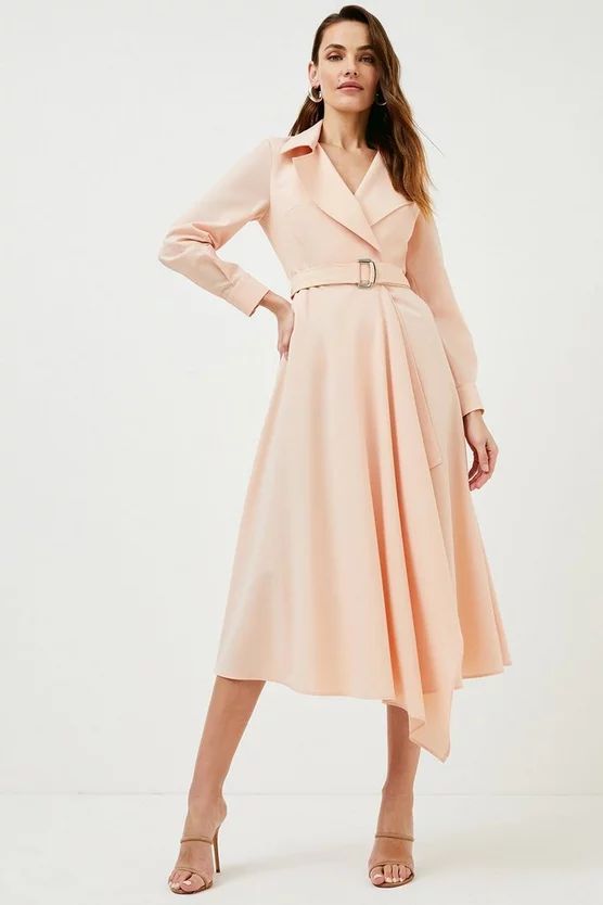 Polished Wool Blend Drape Belted Shirt Dress | Karen Millen US