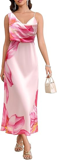 Women's Summer Satin Dress Elegant Cowl Neck Adjustable Spaghetti Strap Wedding Guest Cocktail Pa... | Amazon (US)