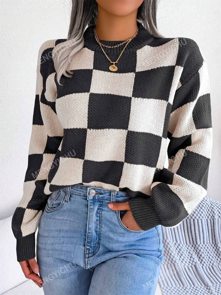 New Autumn And Winter Style Street Style Contrasting Checkerboard Plaid Long-sleeved Round Neck P... | SHEIN