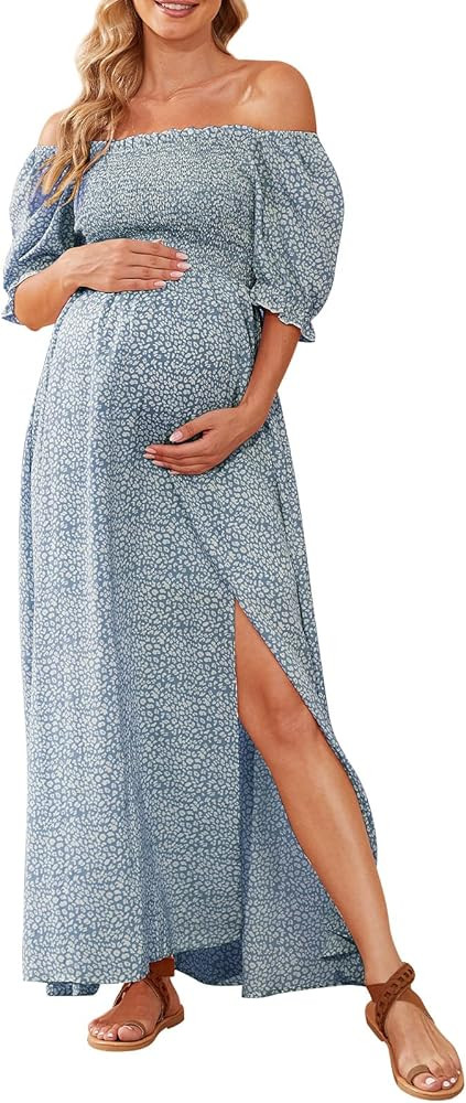 Floral Maternity Dress for Photoshoot Baby Shower, Square Neck Puff Sleeve Maternity Boho Smocked... | Amazon (US)