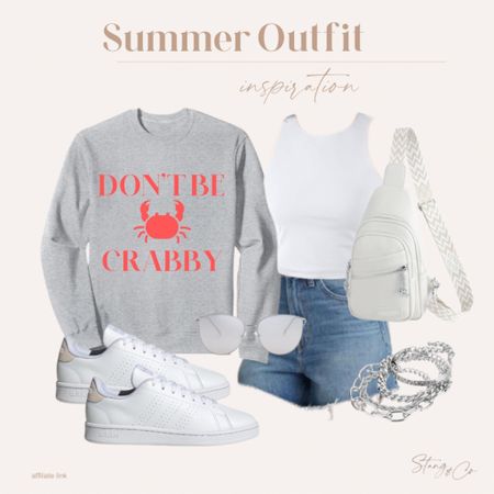 This summer outfit inspiration includes a “don’t be crabby” sweatshirt with a white tank, denim shorts, a white sling bag, Adidas sneakers, a silver bracelet stack, and silver sunglasses. 

Ootd, summer outfit, 4th of July outfit, cut off shorts, high waisted jean shorts 

#LTKfindsunder50 #LTKshoecrush #LTKstyletip