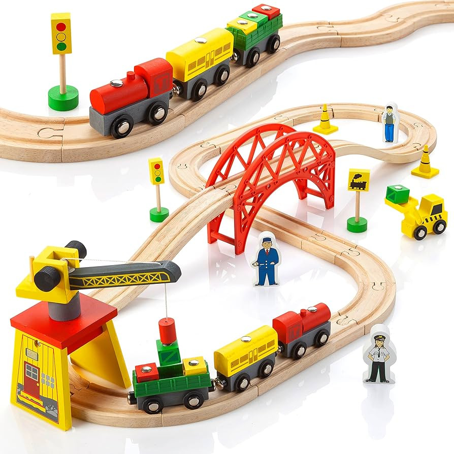 Wooden Train Sets for Boys 2-4-7 – 38 Pcs Wood Train Set for Toddlers w/Crane, Bridge & Wooden ... | Amazon (US)