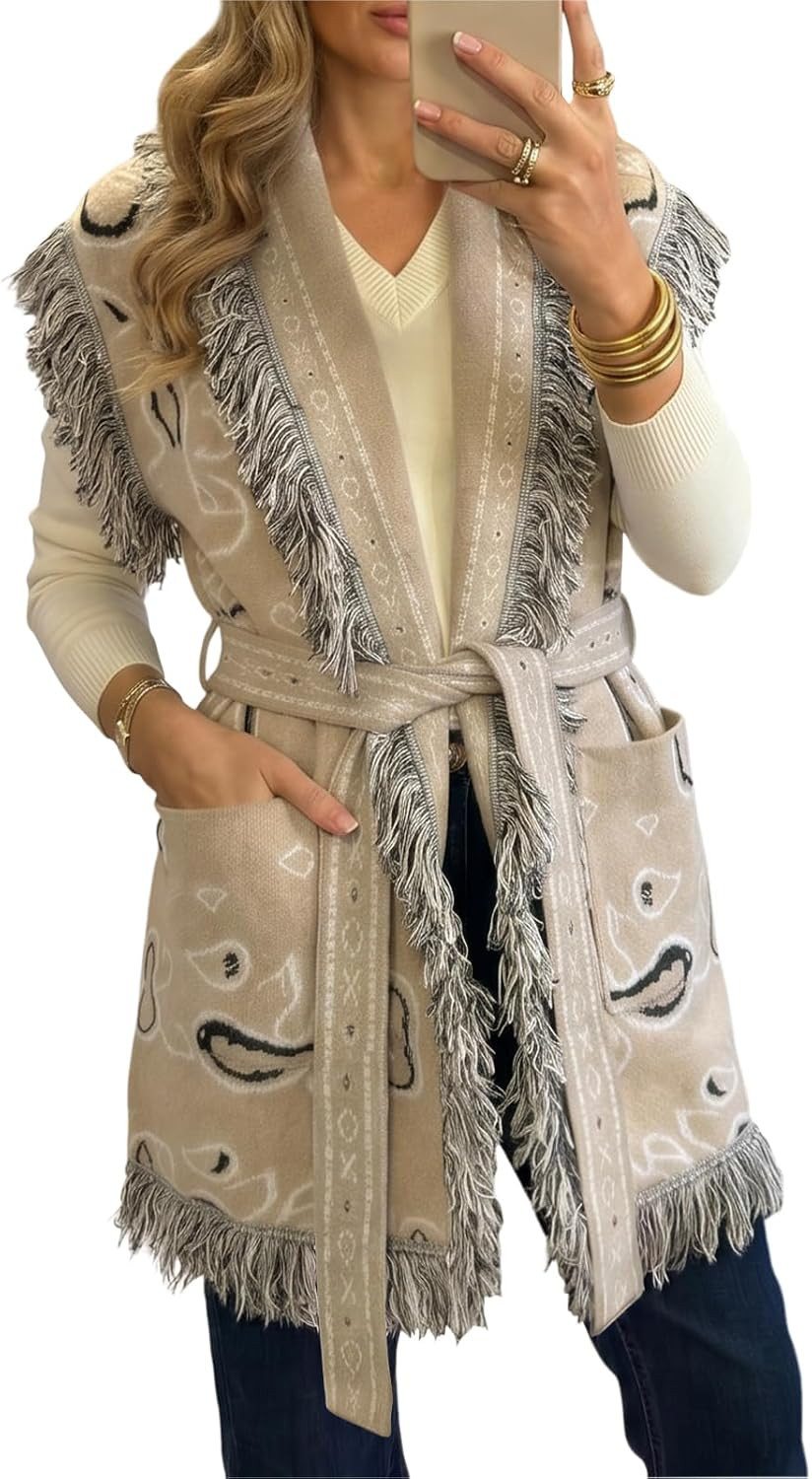 Saodimallsu Womens Sleeveless Long Cardigan Sweaters Fringe Shawl Collar Boho Paisley Wrap Belted Knit Vest with Pockets | Amazon (US)