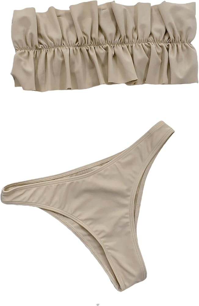 Floerns Women's Bathing Suit Ruffle Trim Ruched Bust Bandeau Bikini Swimsuit | Amazon (US)
