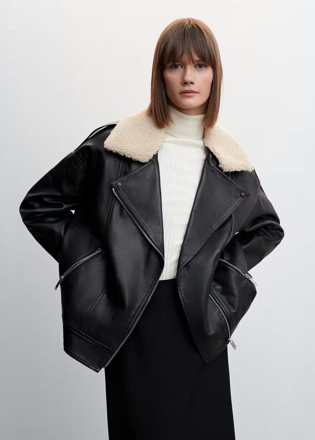 Shearling collar leather jacket | MANGO (US)