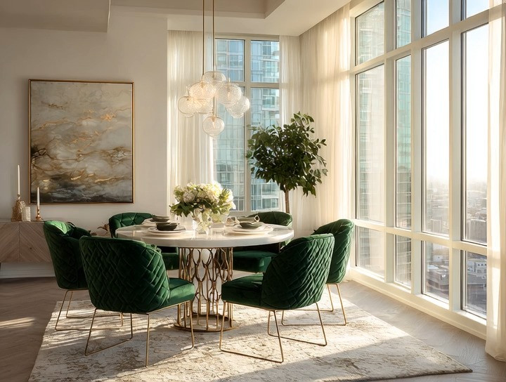 Create this glamorous yet calming dining room look with a round marble dining table paired with emerald velvet dining chairs. If you ever struggle with choosing the right velvet color, this is the secret: go emerald.

Emerald green blends effortlessly with indoor plants, natural light, and gold accents, creating a sense of balance, calm, and understated luxury. It’s not too warm, not too cool—just rich enough to feel elevated without overwhelming the space. Especially in high-rise apartments with abundant sunlight, emerald velvet grounds the room and keeps it serene instead of loud.

This is modern luxury dining décor done right—timeless, elegant, and incredibly easy to live with.

#EmeraldVelvet #MarbleDiningTable #LuxuryDiningRoom #ModernLuxuryDecor #HighRiseLiving #InteriorDesignInspo #VelvetChairs #HotelLuxeStyle #TimelessHomeDecor #DiningRoomGoals #LuxuryApartmentDecor #GoldAccentDecor #HomeDecorTrends #ElegantInteriors #DesignerDiningRoom 

 #LTKHome