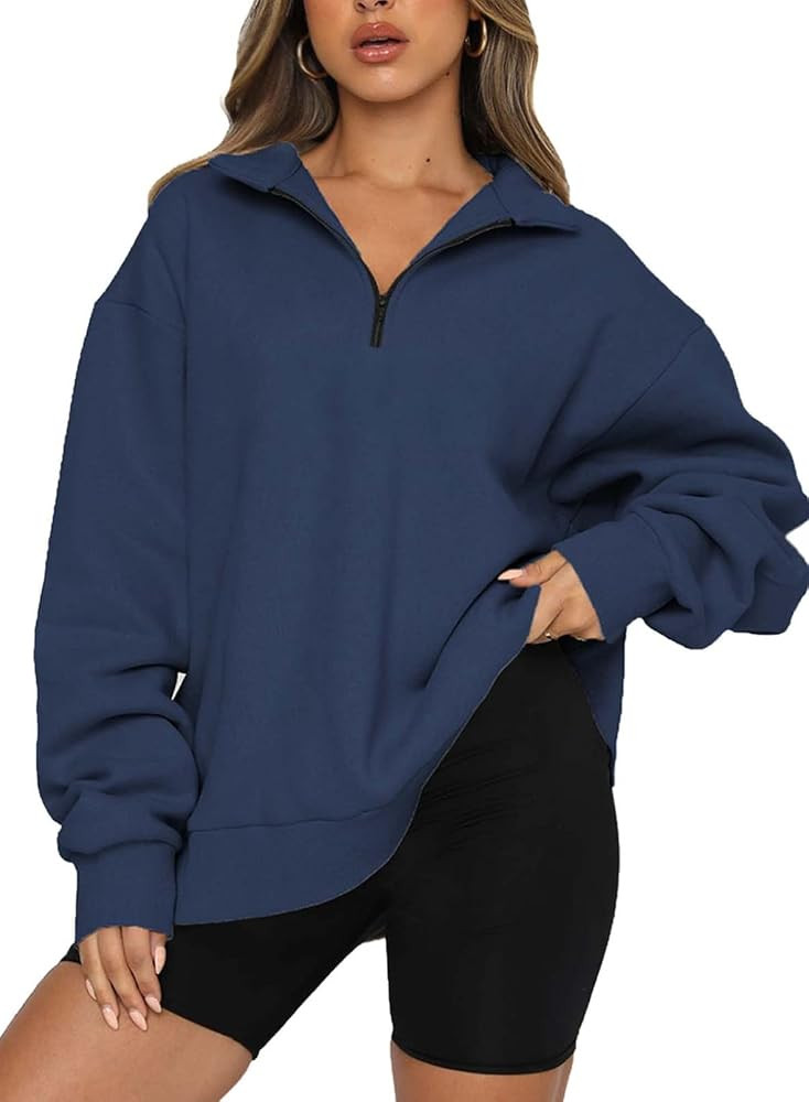 BLENCOT Women Half Zip Oversized Sweatshirts Long Sleeve Solid Color Drop Shoulder Fleece Workout... | Amazon (US)