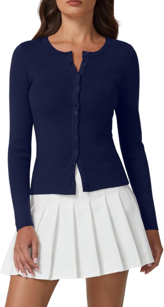 QINSEN Womens Long Sleeve Crewneck Cardigan Sweater Lightweight Button Down Knit Tops Outerwear | Amazon (US)