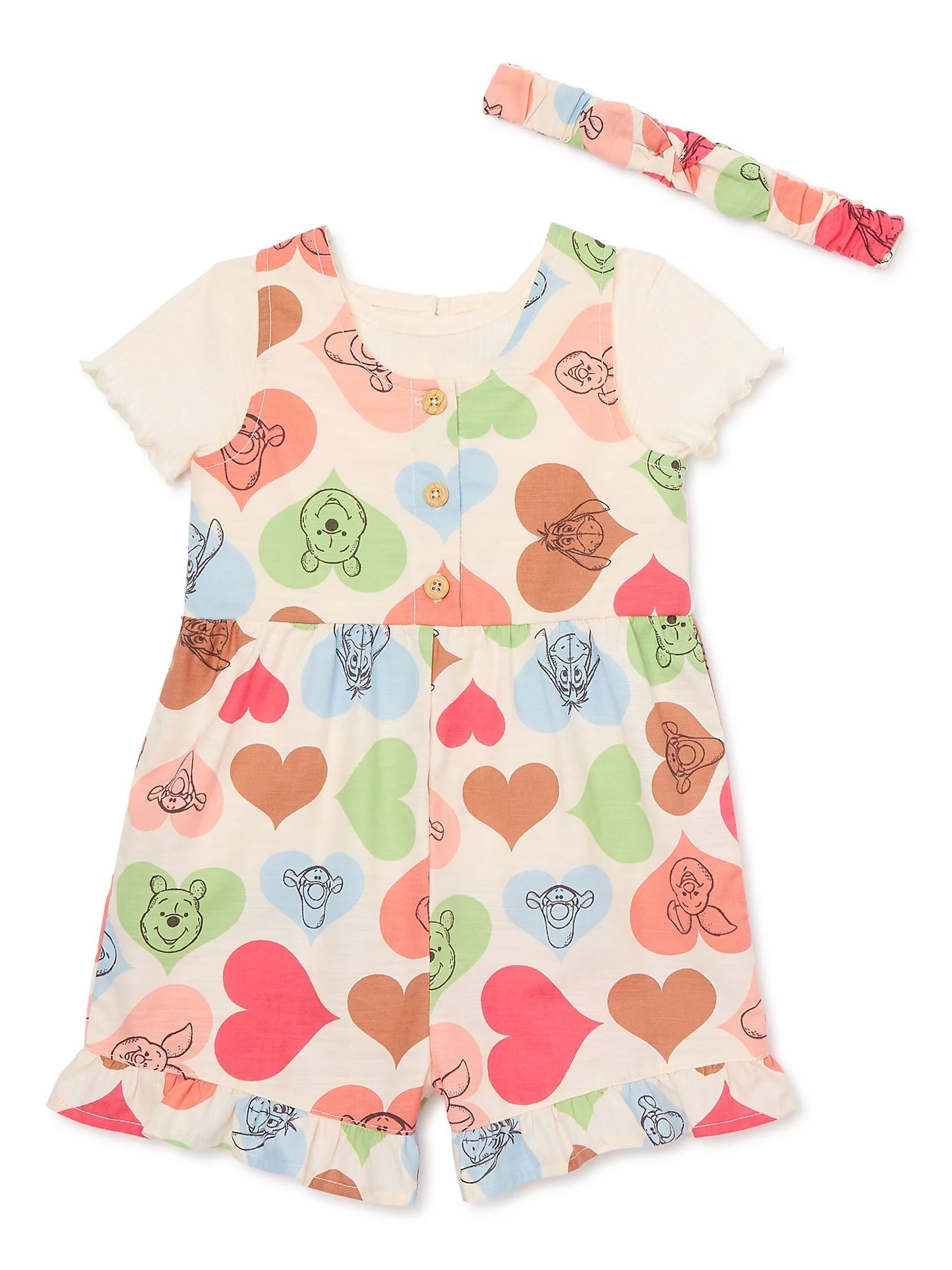 Winnie the Pooh Baby Girl Shortall and Tee Outfit Set with Headband, Sizes 0/3M-24M | Walmart (US)