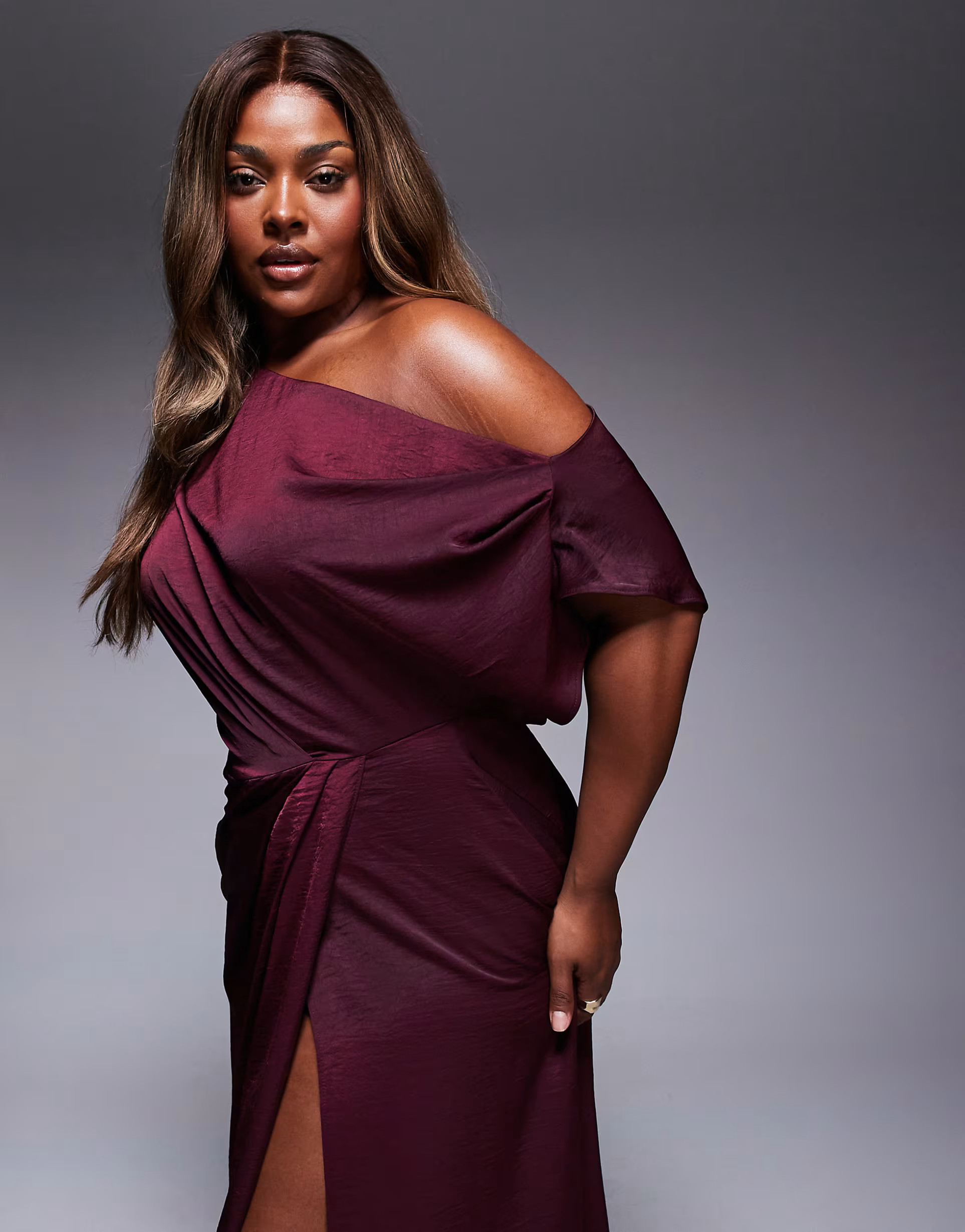 ASOS DESIGN Curve exclusive satin off shoulder high split maxi dress in burgundy | ASOS | ASOS (Global)