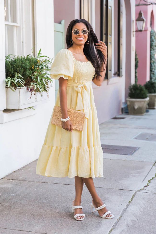 Looking For Perfection Yellow Puff Sleeve Midi Dress | The Pink Lily Boutique