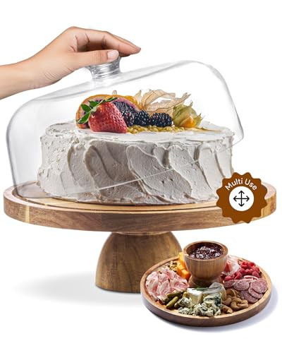 Acacia Wood Cake Stand with Lid - Cake Stand with Dome,12in Round Cake Holder, 2-in-1 Dessert Table Display Set & Charcuterie Board for Cheese, Chips & Dips, Fruit Platter, Large Acrylic Cake Dome Cover | Amazon (US)
