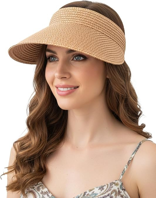CHUNG Women Visor Sun Hat Paper Straw Wide Brim Adjutable Ponytail Packable Beach Holiday Summer ... | Amazon (US)