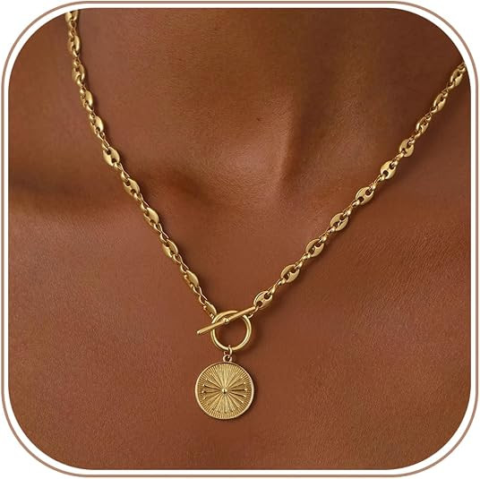 Chunky Gold Necklace for Women, Simple 14K Gold/Silver Plated Circle Pendant Choker Necklaces Tre... | Amazon (US)
