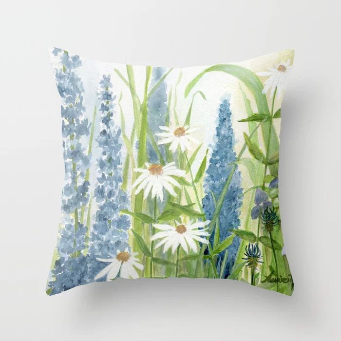 Watercolor Botanical Garden Flower Wildflower Blue Flower Garden Throw Pillow | Society6