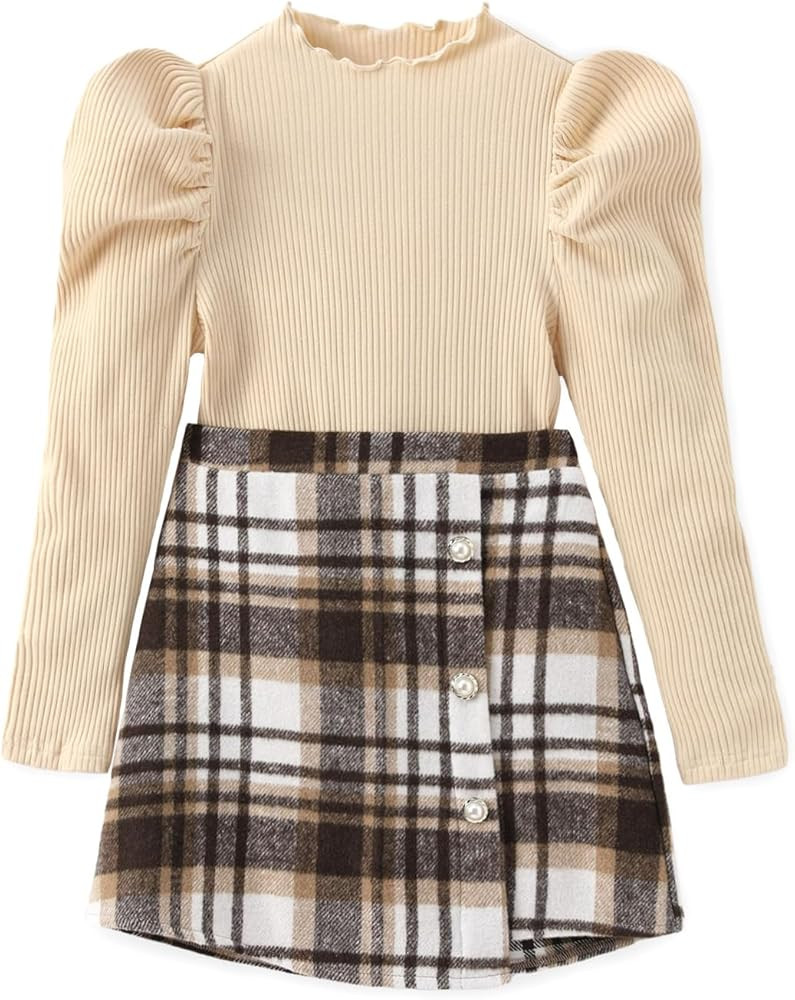 PATPAT Girl Skirt Set Fall Dresses for Girls Ruffle Trim Long Sleeve Sweater Top and Plaid Skirt ... | Amazon (US)