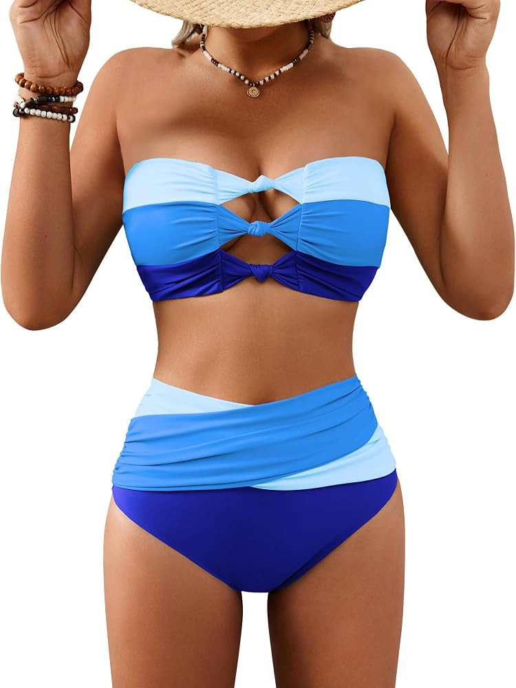 XUNYU High Waisted Bikini Sets for Women Strapless Bandeau 2 Piece Swimsuits Tummy Control Bathin... | Amazon (US)