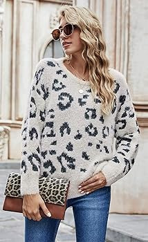 HZSONNE Women's Casual Leopard Crew Neck Loose Fit Sweater Long Sleeve Slouchy Pullover Knitted F... | Amazon (US)