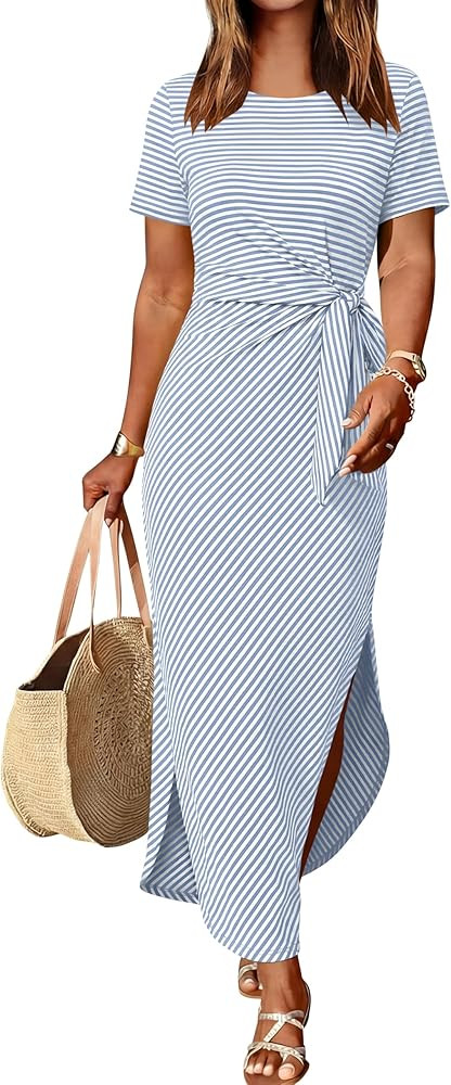 Prinbara Womens Summer Midi Dress Casual Short Sleeve Tie Waist Split Long Tshirt Dresses 2026 Sp... | Amazon (US)