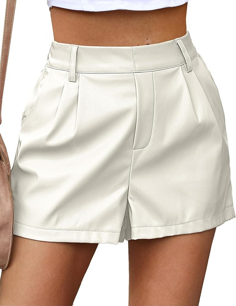 luvamia Faux Leather Shorts for Women High Waist Pleated Wide Leg Stretchy Shorts with Pockets Sh... | Amazon (US)