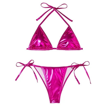 XIAQUJ Women Bikini Sets Shiny String Padded Triangle 2 Pieces Swimsuit Set Tankini Swimsuits for Women Hot Pink S | Walmart (US)
