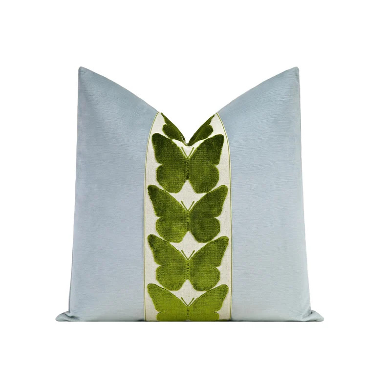 Striated Velvet Pillow Cover With Large Butterfly Trim | Spa Blue Designer Velvet Throw Pillow Co... | Etsy (US)