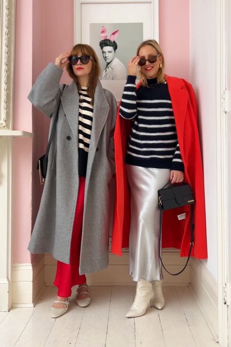 Red and silver satin skirt, red coat, grey coat, stripe jumper 

#LTKfindsunder50 #LTKSeasonal #LTKstyletip