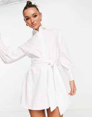 Pretty Lavish tie waist mini shirt dress in white | ASOS (Global)