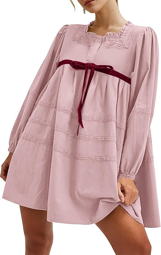 MISSACTIVER Women Long Puff Sleeve Flowy Mini Dress Cute Bow Tie Front Babydoll Dress Trendy Embr... | Amazon (US)