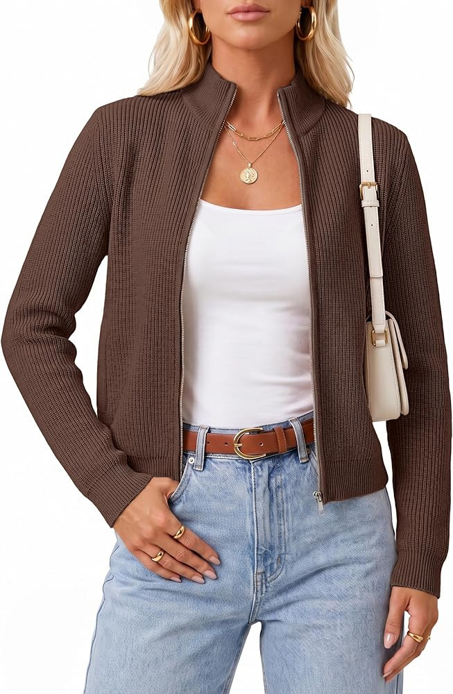 Arach&Cloz Women's Wool Blend Mock Neck Zip Up Fall Work Cardigan Sweaters | Amazon (US)