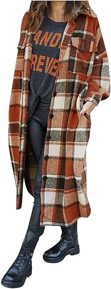Women Flannel Shacket Plaid Print Long Sleeve Lapel Long Jackets Cardigan Coat | Amazon (US)