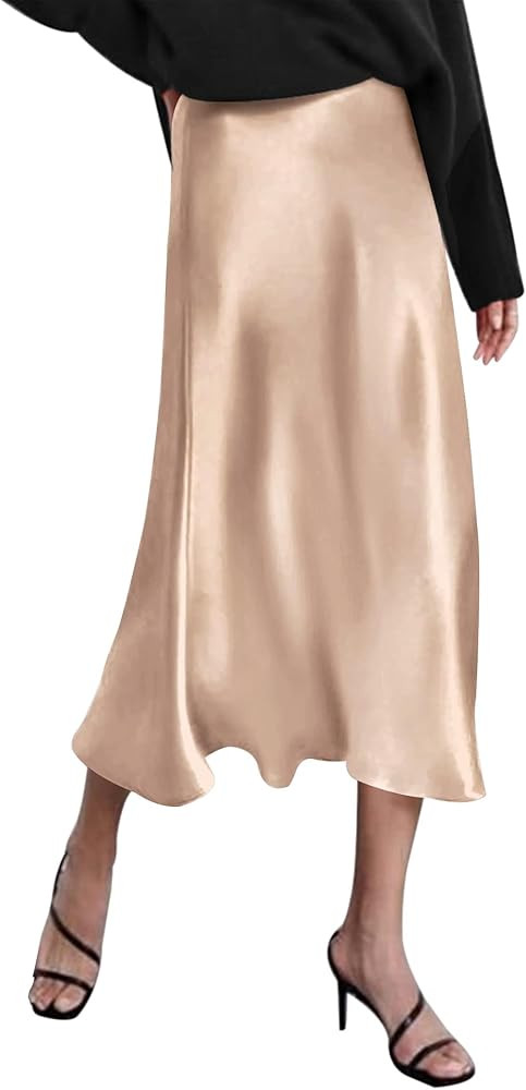 HOTOUCH Womens Midi Skirt High Waisted Solid Satin Dress Zipper Elegant Work Skirts | Amazon (US)