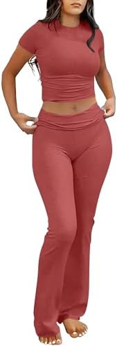 ANRABESS Lounge Sets for Women 2 Piece Foldover Yoga Flare Leggings Pants Crop Tops Casual Y2K Ou... | Amazon (US)