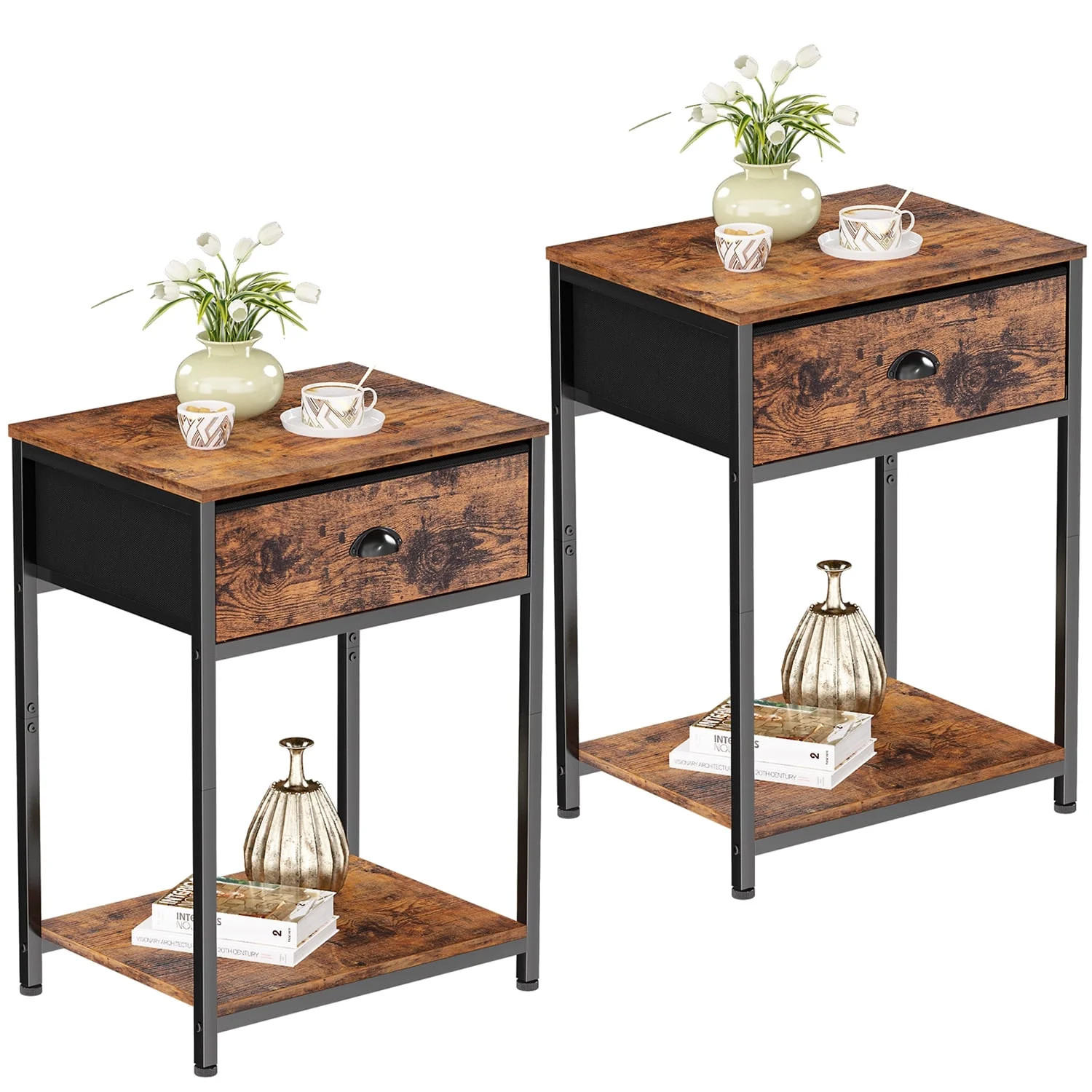 Furologee Nightstands Set of 2, Industrial End Table with Fabric Drawer & Storage Shelf, Retro Be... | Walmart (US)