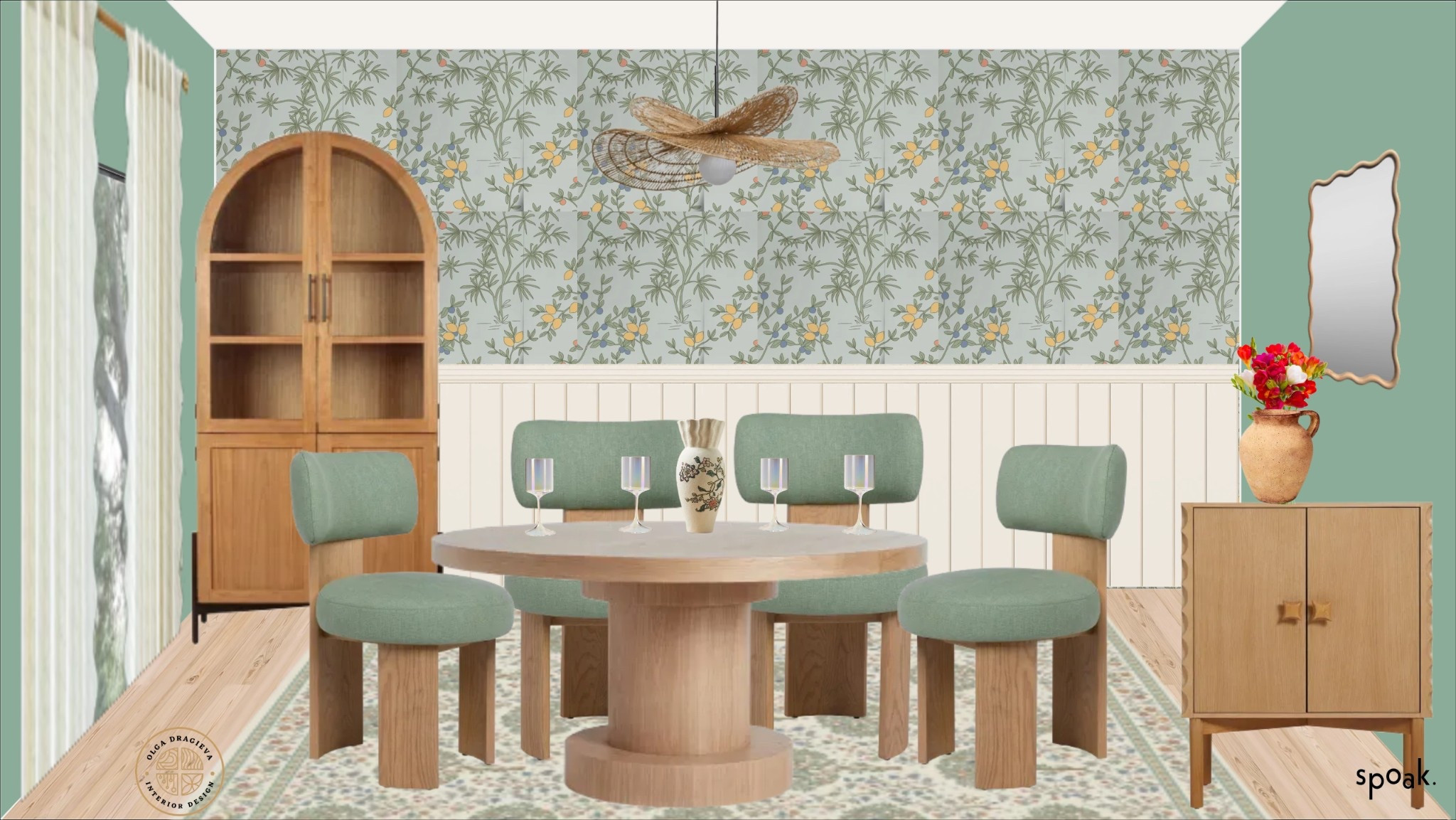 Beautiful Spring dining room! I live the green dining chairs from Lulu & Georgia, rattan pendant, dining table, floral wallpaper, dining room glass cabinet, floral rug. #homedecor #diningroomfurniture