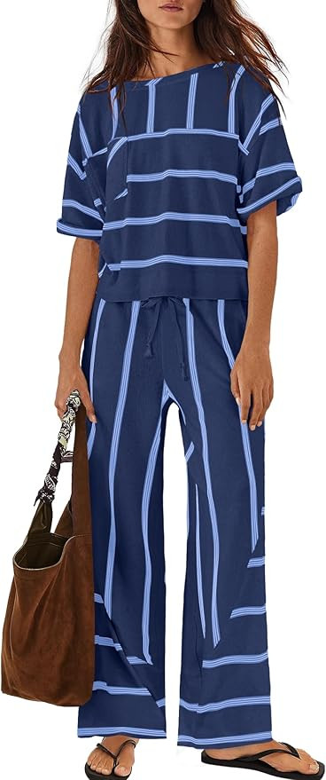Nirovien Womens Striped Lounge Set 2 Piece Vacation Sets Short Sleeve Tops and Wide Leg Pants Tra... | Amazon (US)