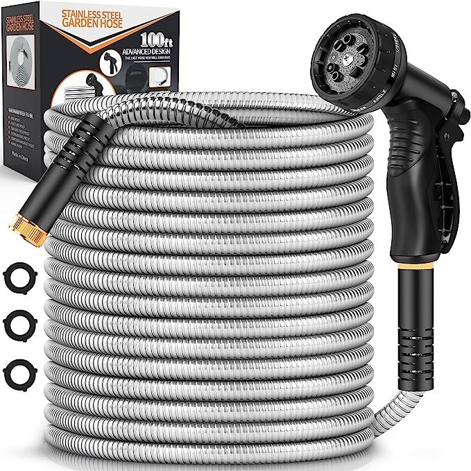 Tuzoc Metal Garden Hose 100FT, Stainless Steel Heavy Duty Water Hose With 10 Function Nozzle, No-... | Amazon (US)