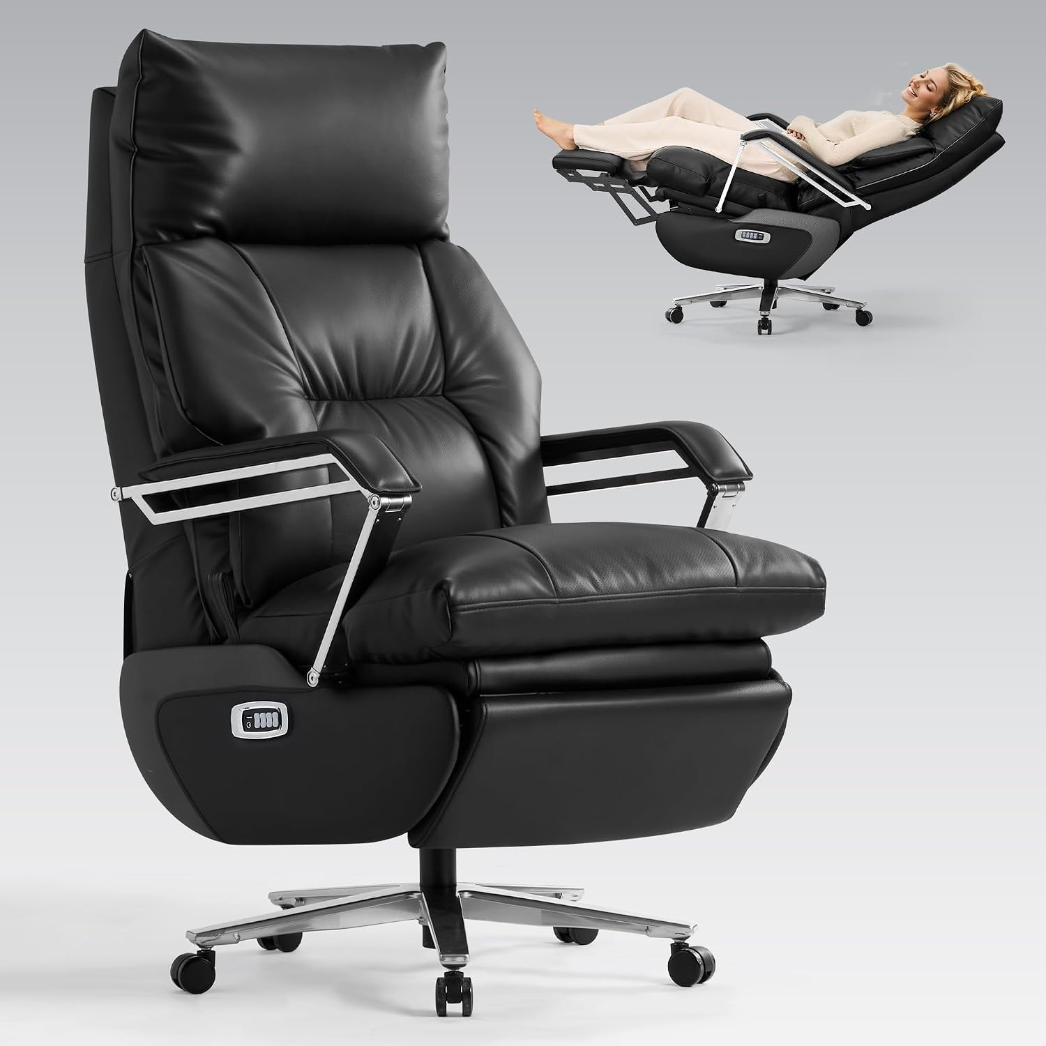 OKUP® M80A Dual Motor Electric Executive Office Chair with Heat Massage Ventilation, Comfortable Reclining Office Chair Wide Seat, Ergonomic Leather Home Office Desk Chair (Black,Multi-Functionality) | Amazon (US)