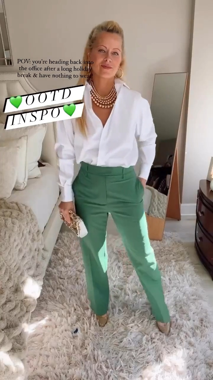 Outfit of the day! Green trousers, white button down shirt, statement necklace 

Chic workwear look with green pants to mix it up a bit  

#LTKWorkwear #LTKootd