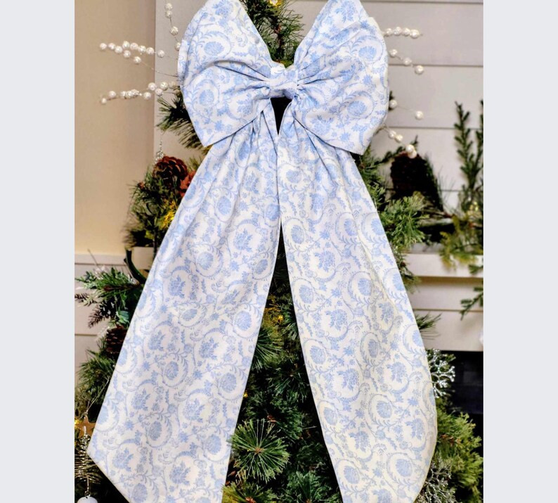 Large Bow for Christmas Tree Light Blue Chinoiserie Christmas Large Bow Tree Topper Bow Grandmill... | Etsy (US)