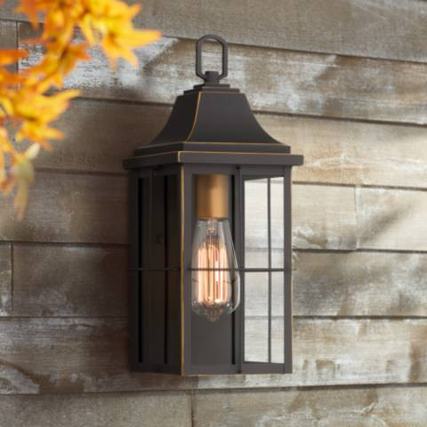 John Timberland Sunderland 15" High Black Warm Gold Outdoor Wall Light | Lamps Plus