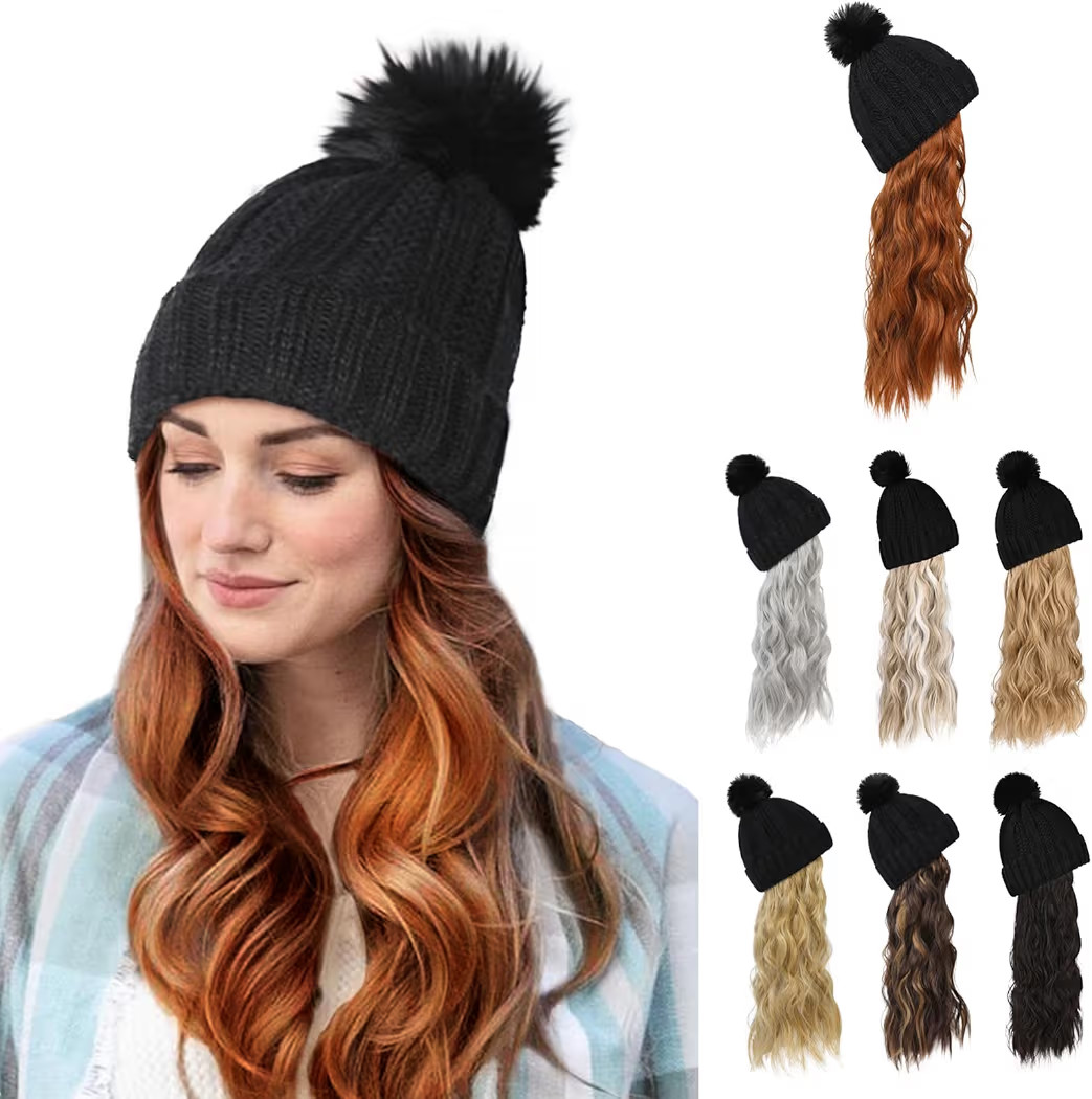 Flufymooz Beanie Wig Hat, Long Wavy Curly Black Hairpiece with Faux Fur Pom, 20 Inch Synthetic Ha... | Amazon (US)