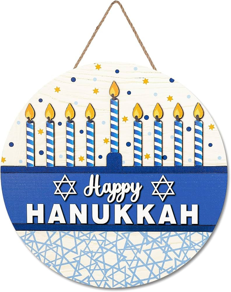 Happy Hanukkah Welcome Door Sign Chanukah Candlestick Star Wooden Hanging Sign Blue Front Door Ha... | Amazon (US)