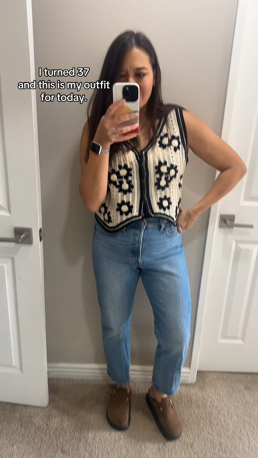 I’m 37 today and this is my ootd. 

Vest and bodysuit (underneath): Amazon 
Jeans: Levi’s 
Shoes: Birkenstock Platform Clogs 

#LTKFindsUnder100 #LTKShoeCrush #LTKCyberWeek