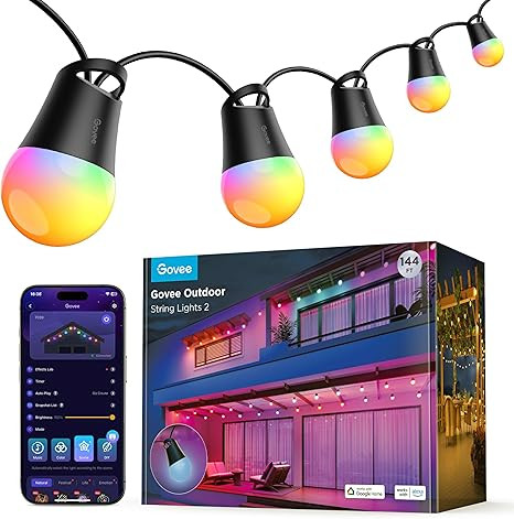 Govee Smart Outdoor String Lights 2, 144ft RGBIC Outdoor Lights with Dimmable Warm White LED Bulb... | Amazon (US)