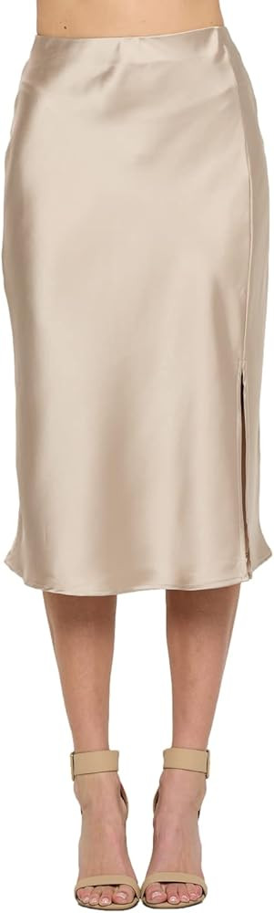 Women Solid High Waist Silky Casual Elastic Satin Midi Slit Skirt - Made in USA | Amazon (US)